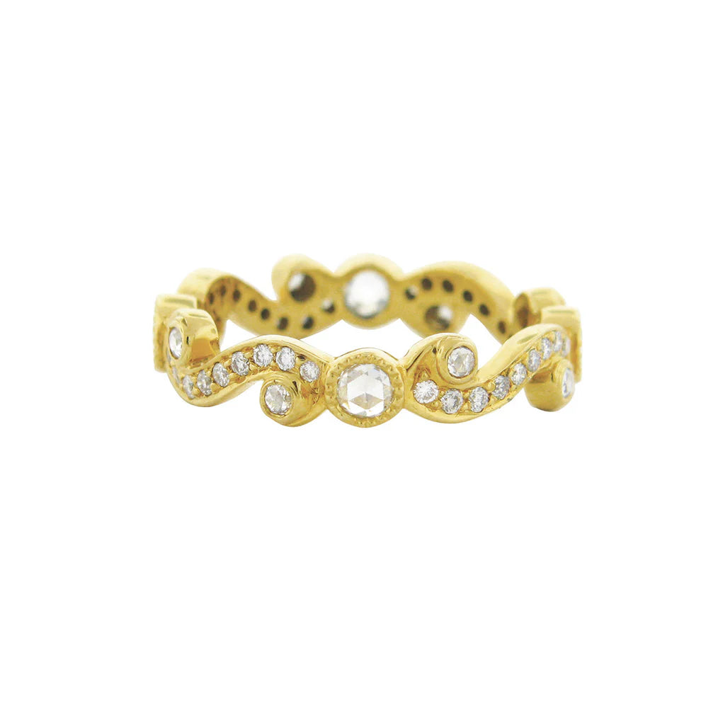 18K Yellow Gold Scroll Rose Cut and Brilliant Cut White Diamond Band