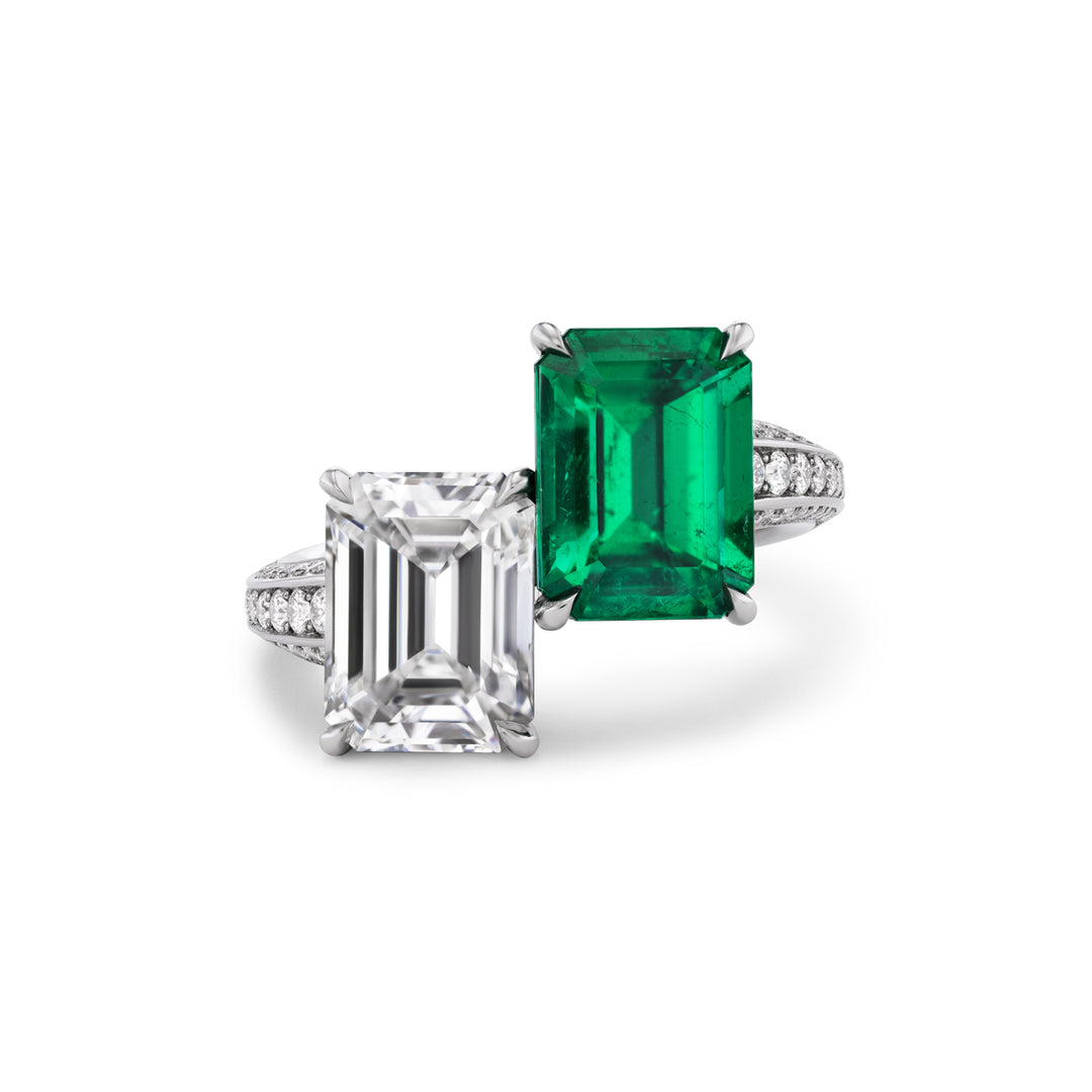 Platinum Emerald and Diamond Moi et Toi Ring