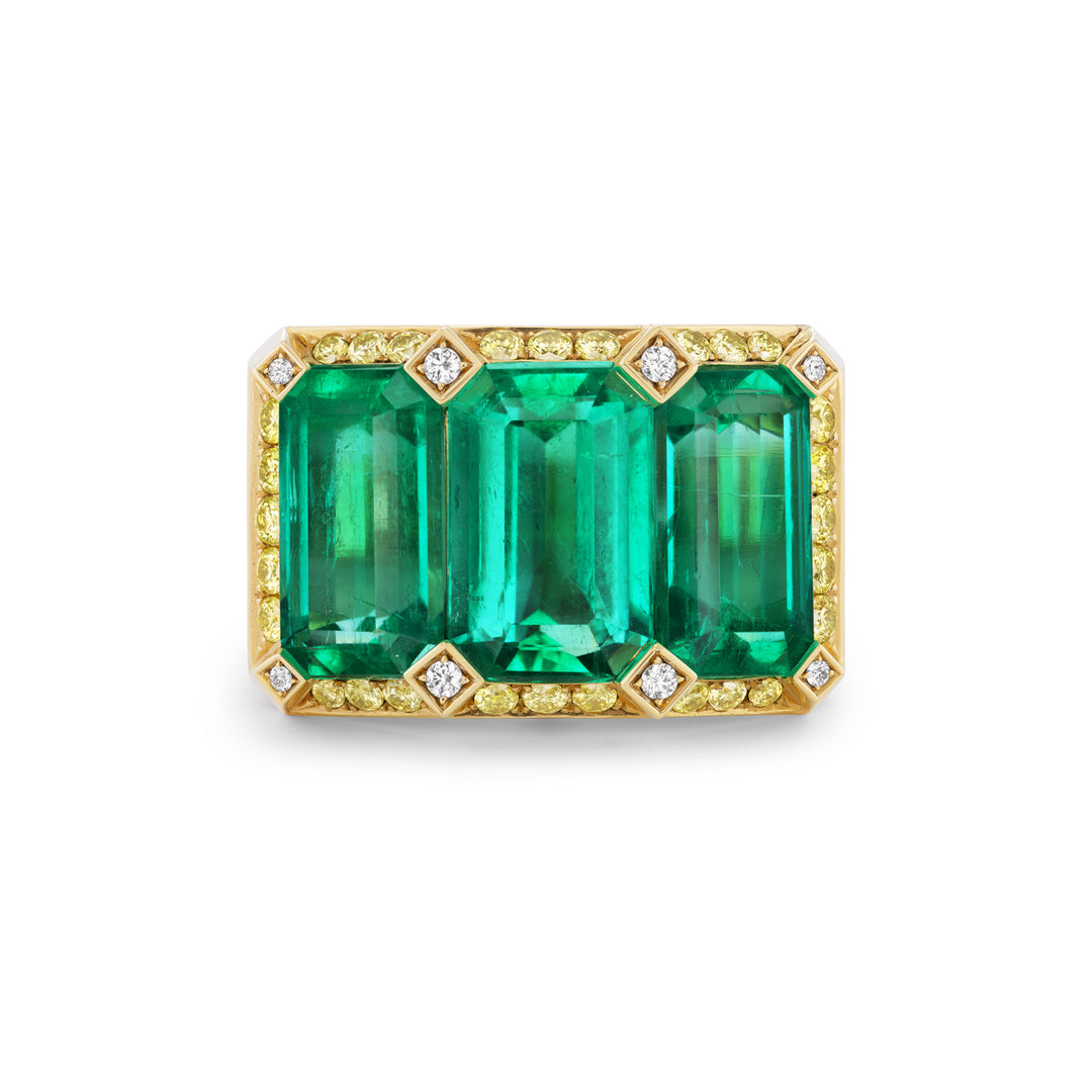18K Gold Emerald and Fancy Yellow Diamond and Diamond Ring