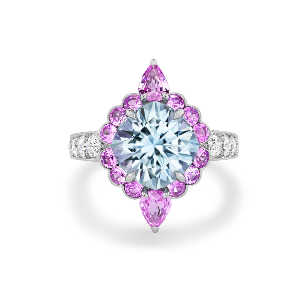 Platinum Paraiba Type Tourmaline, Pink Sapphire and Diamond Ring