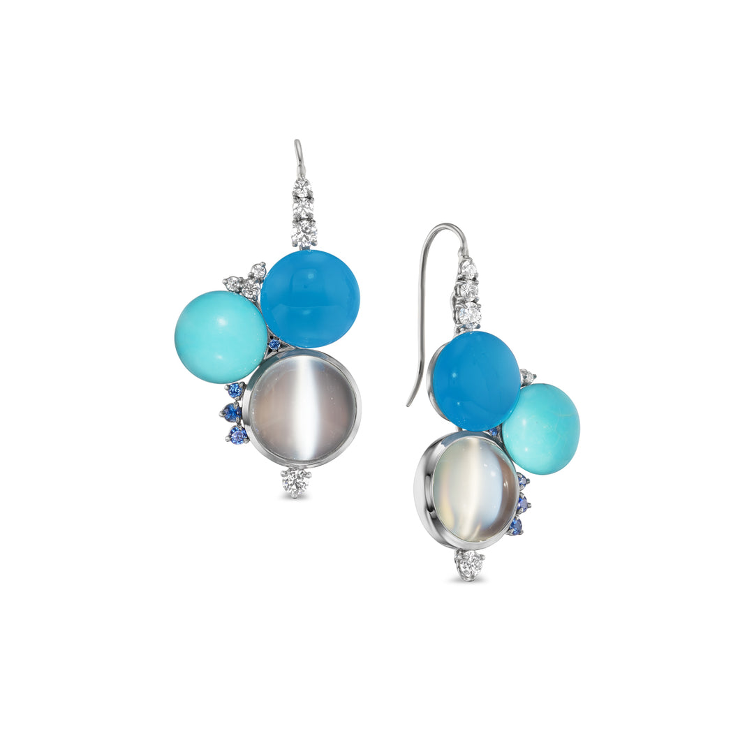 Platinum Cats Eye Moonstone, Calcedony, Turquoise, Sapphire and diamond Earrings
