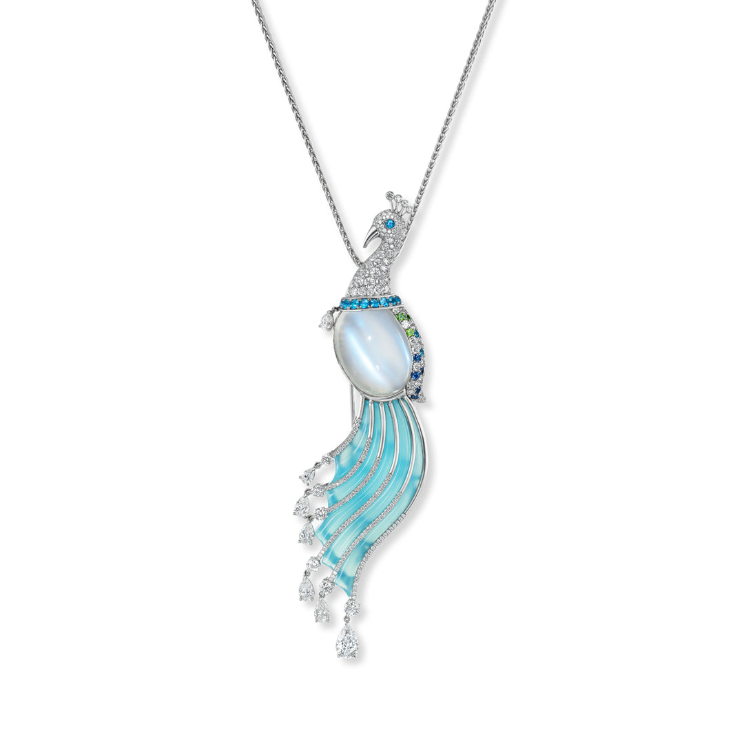 Platinum Moonstone, Agate and Diamond Peacock Brooch or Pendant