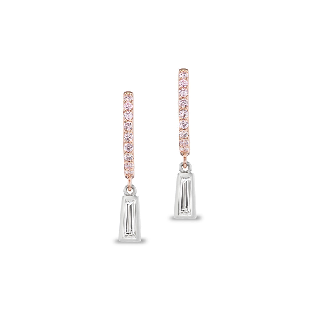 18K Pink Gold, Platinum & Argyle Pink Diamond Huggie Earrings with White Tapered Baguette Diamond Drops.