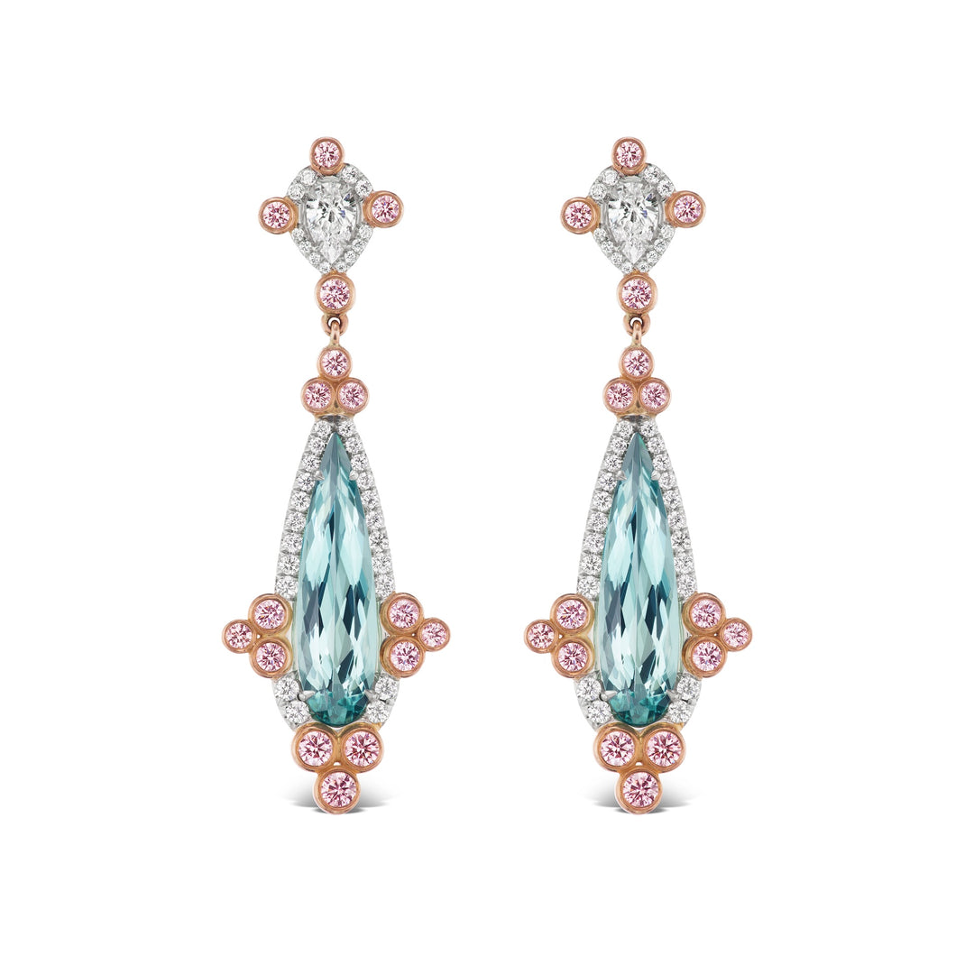 18K Pink Gold and Platinum Drop Earrings Featuring Green Tourmaline & Pink Diamonds