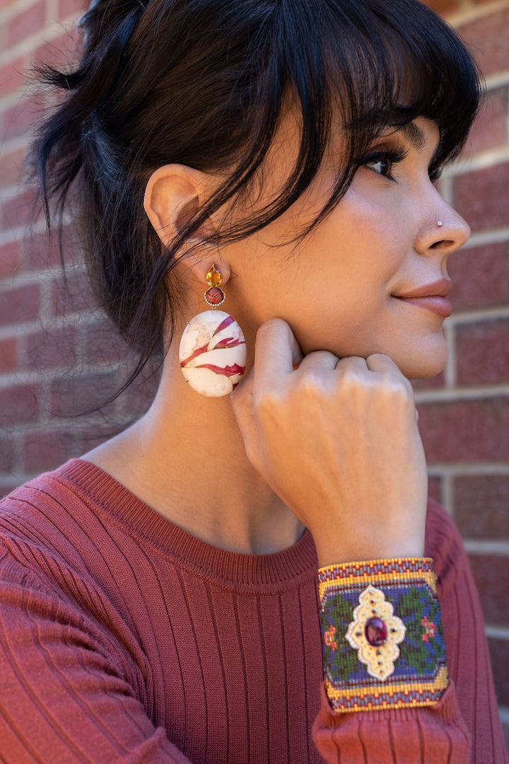 18K Yellow Gold Pink Tourmaline, Diamond, Ruby and Porcelain Bead Silk Road Bracelet