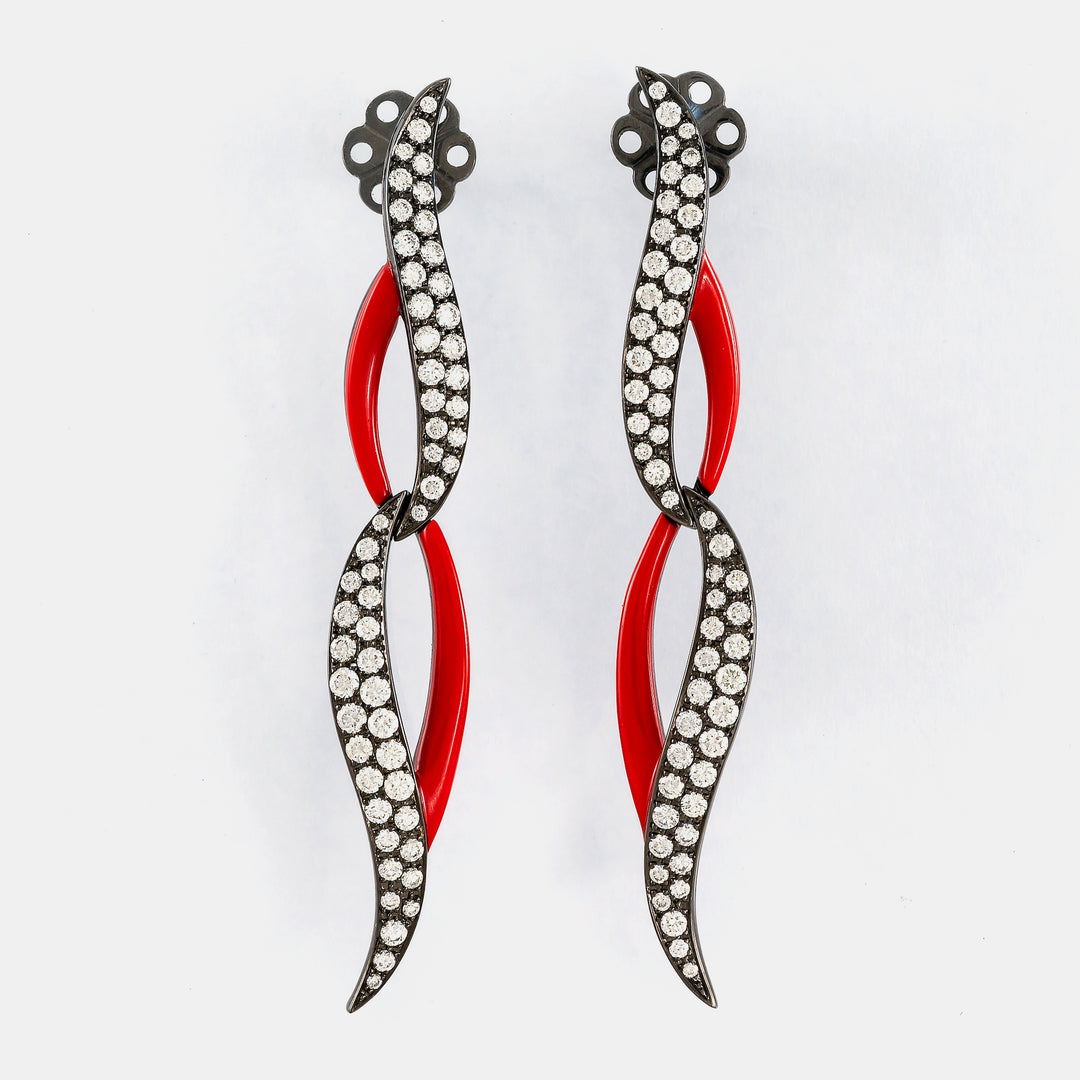 18K White Gold, Black Rhodium Plated, Diamond & Red Enamel Drop Earrings