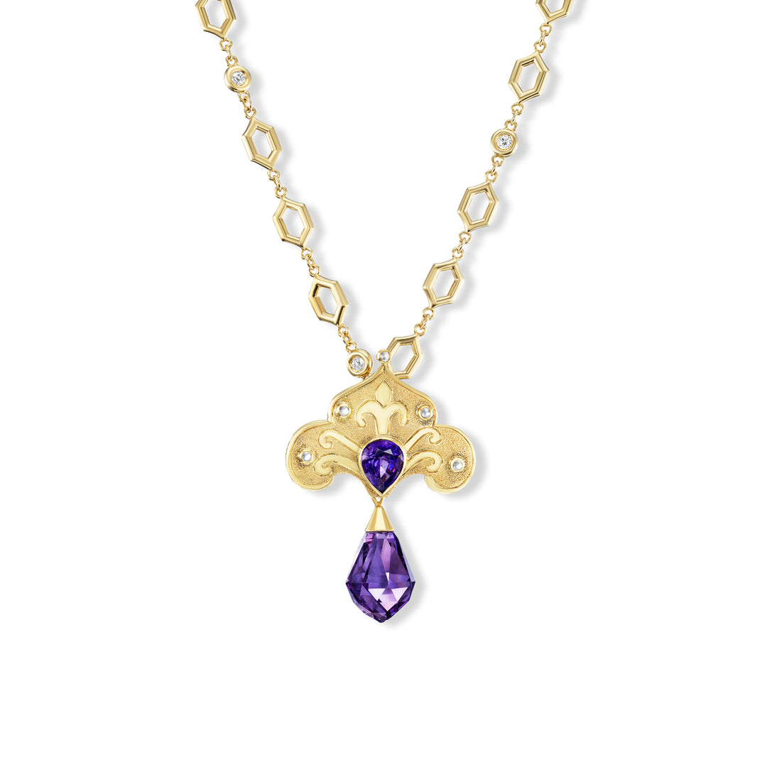 18K Yellow Gold, "Regal" Amethyst & Moonstone Pendant