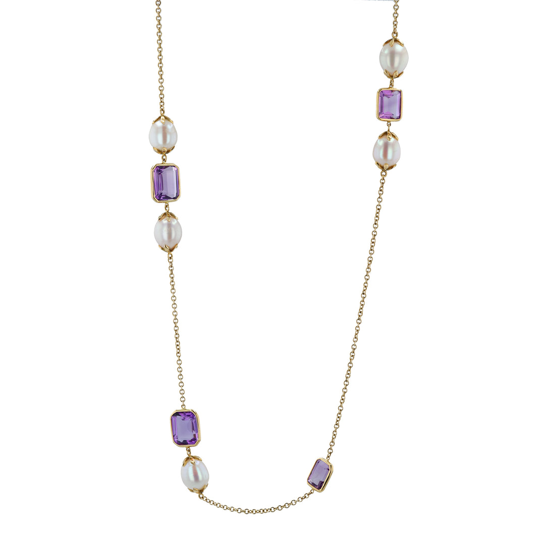 18K Yellow Gold, Amethyst and Freshwater Pearl Necklace