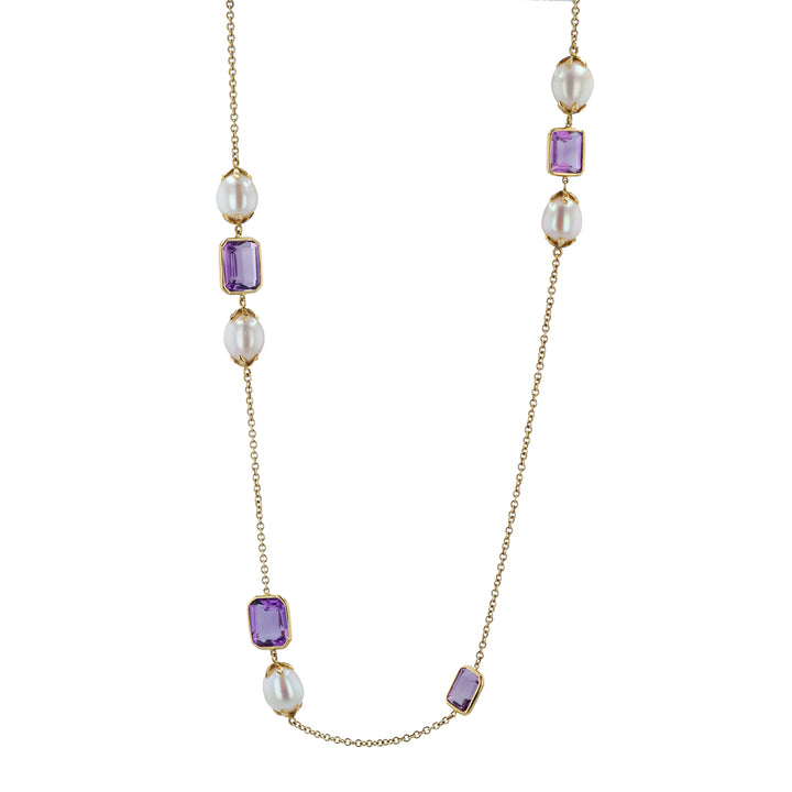 18K Yellow Gold, Amethyst and Freshwater Pearl Necklace