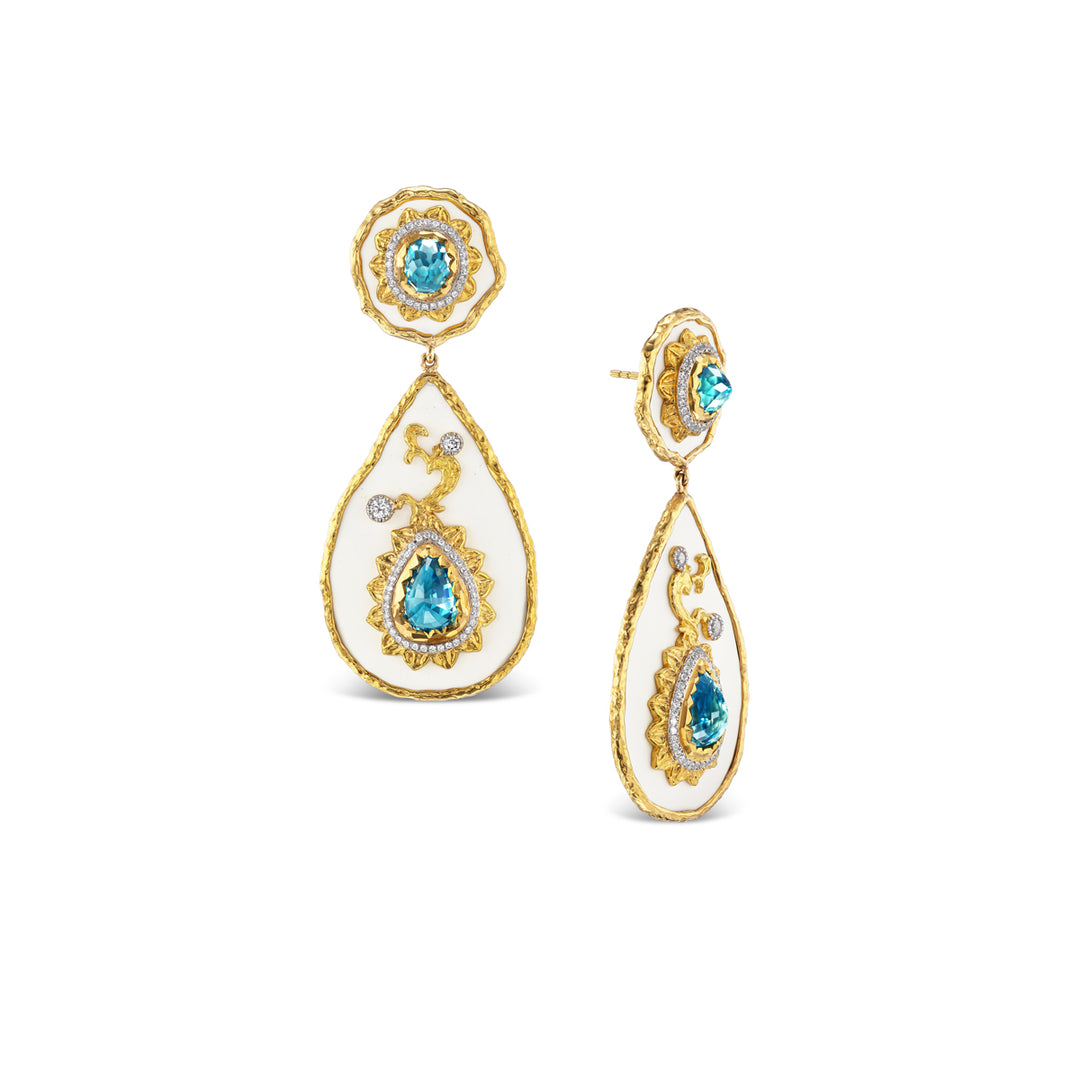 18K Yellow Gold, Silver, Blue Zircon & Diamond Earrings
