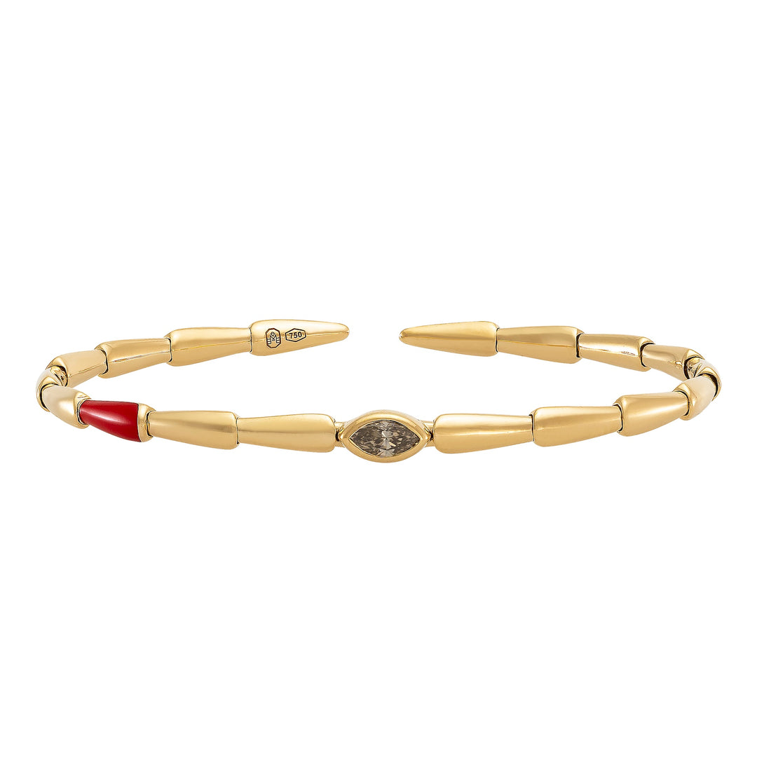 18K Yellow Gold Bracelet with Brown Marquise Diamond & Red Ceramic