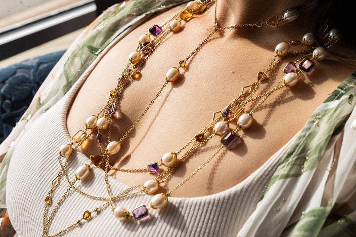 18K Yellow Gold, Citrine and Freshwater Pearls 30" Necklace.
