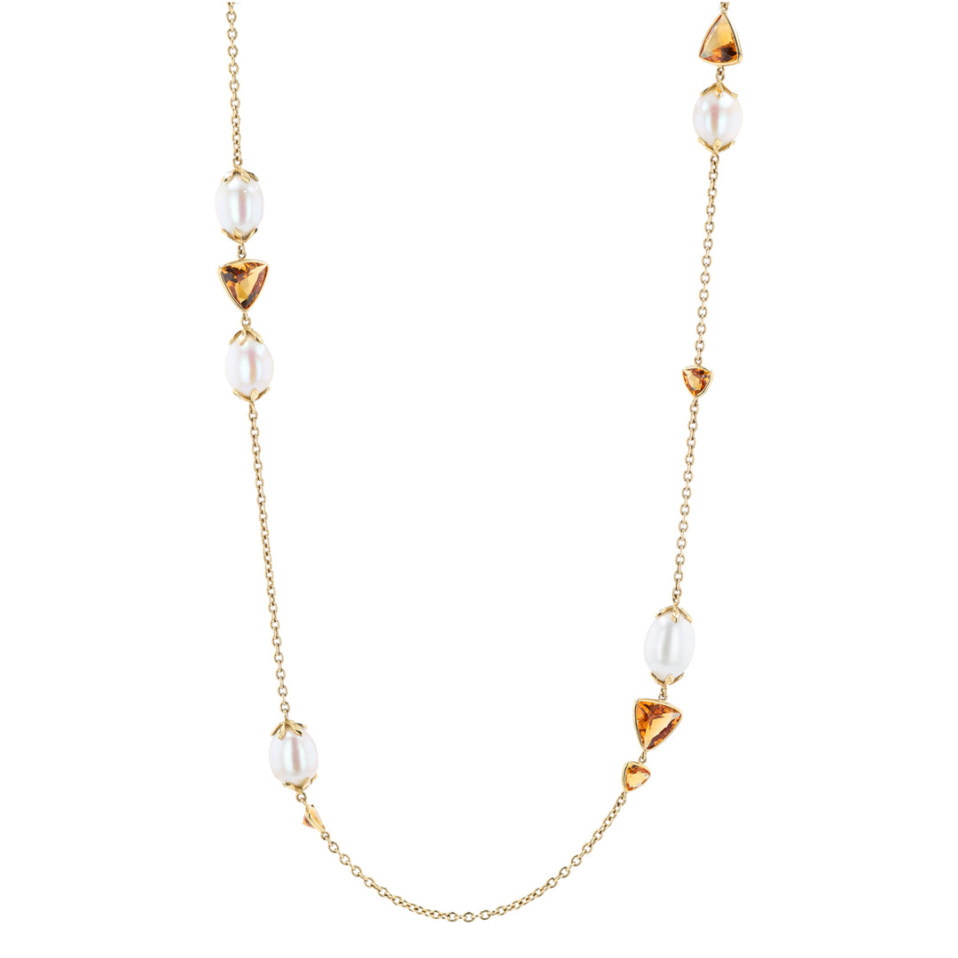 18K Yellow Gold, Citrine and Freshwater Pearl "El Dorado" Station Necklace.