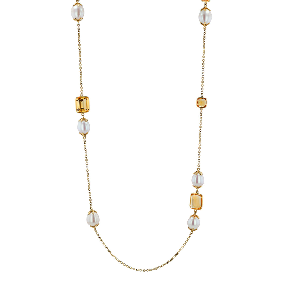 18K Yellow Gold, Citrine and Freshwater Pearls 30" Necklace.