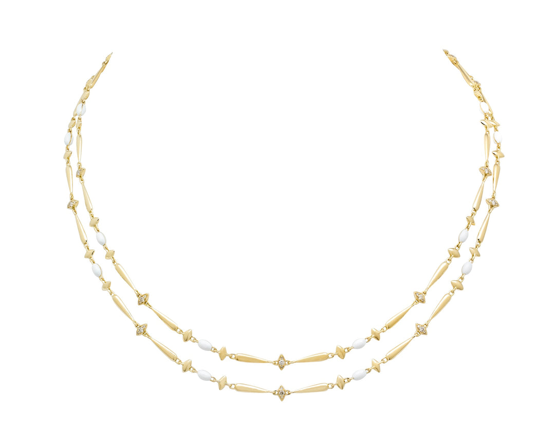 18K Yellow Gold Necklace with Diamonds & White Ceramic Stations