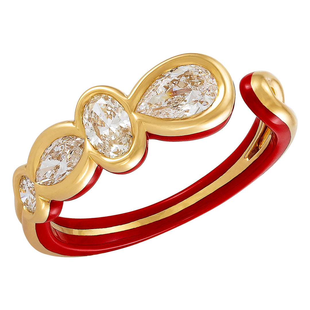 18K Yellow Gold, Red Ceramic & Multi-Shape Diamond Ring