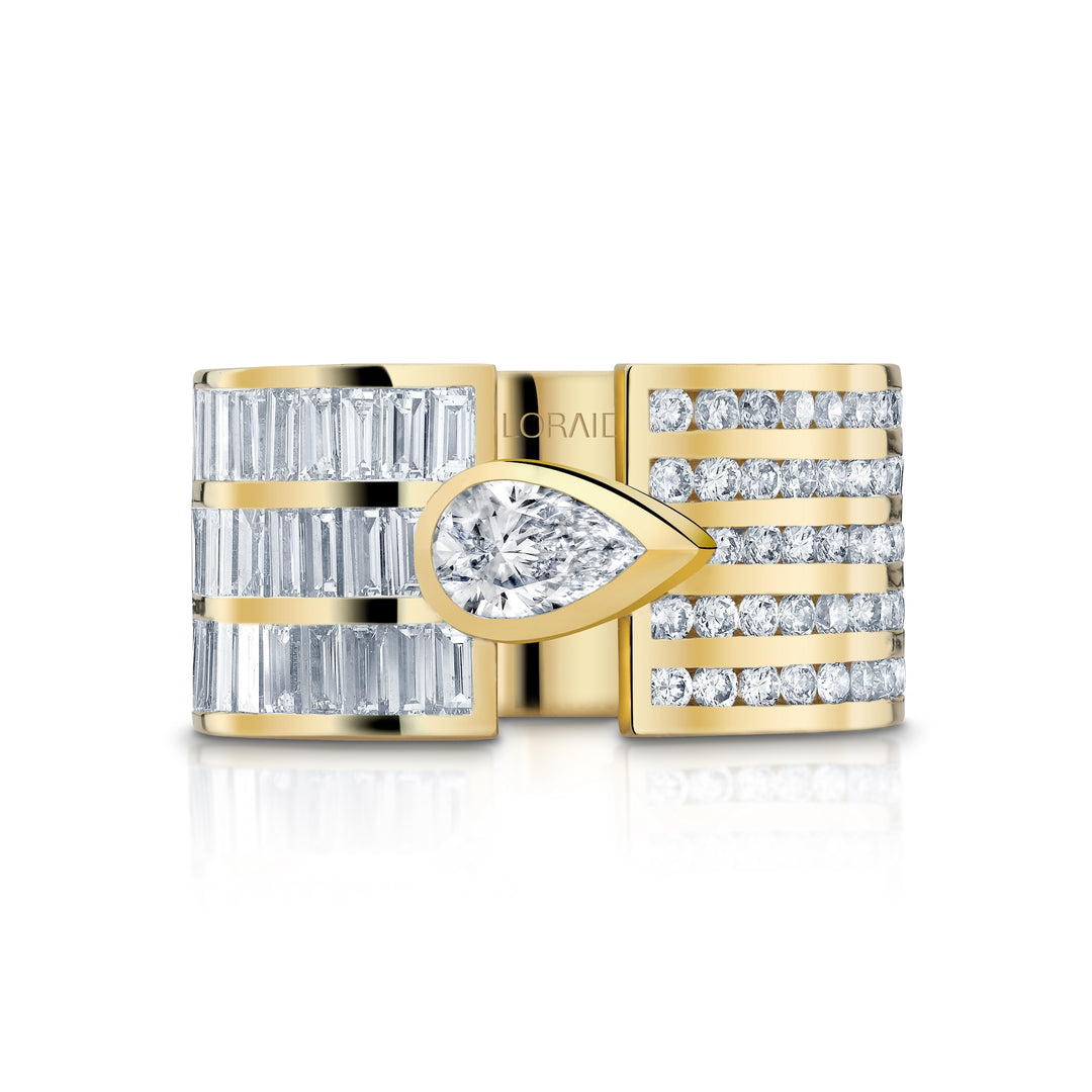 18K Yellow Gold "Vortex" Ring with Pear & Baguette Diamonds