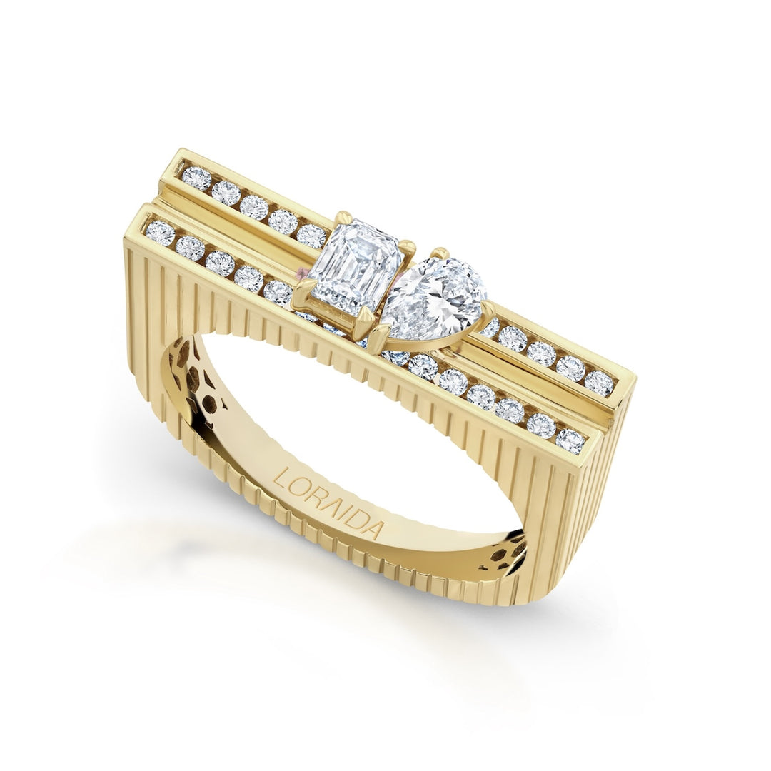 18K Yellow Blade Ring with Emerald Cut & Pear Shape Diamonds