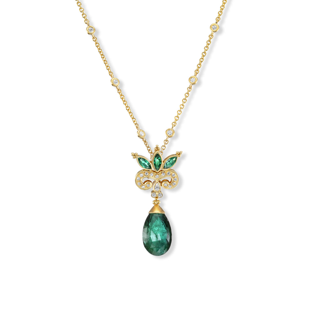 18K Yellow Gold "Tear of Venus" Emerald, Diamond & Green Tourmaline Pendant
