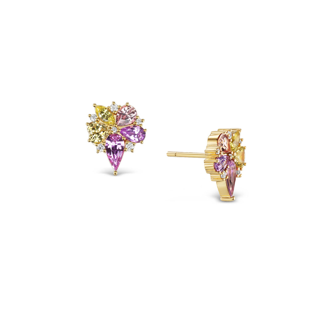 18K Yellow Gold, Fancy Multi-Colored Sapphire & Diamond Studs