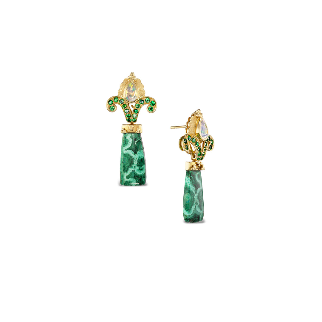 18K Yellow Gold "Verdant Clouds" Earrings with Opal, Tsavorite, & Malachite
