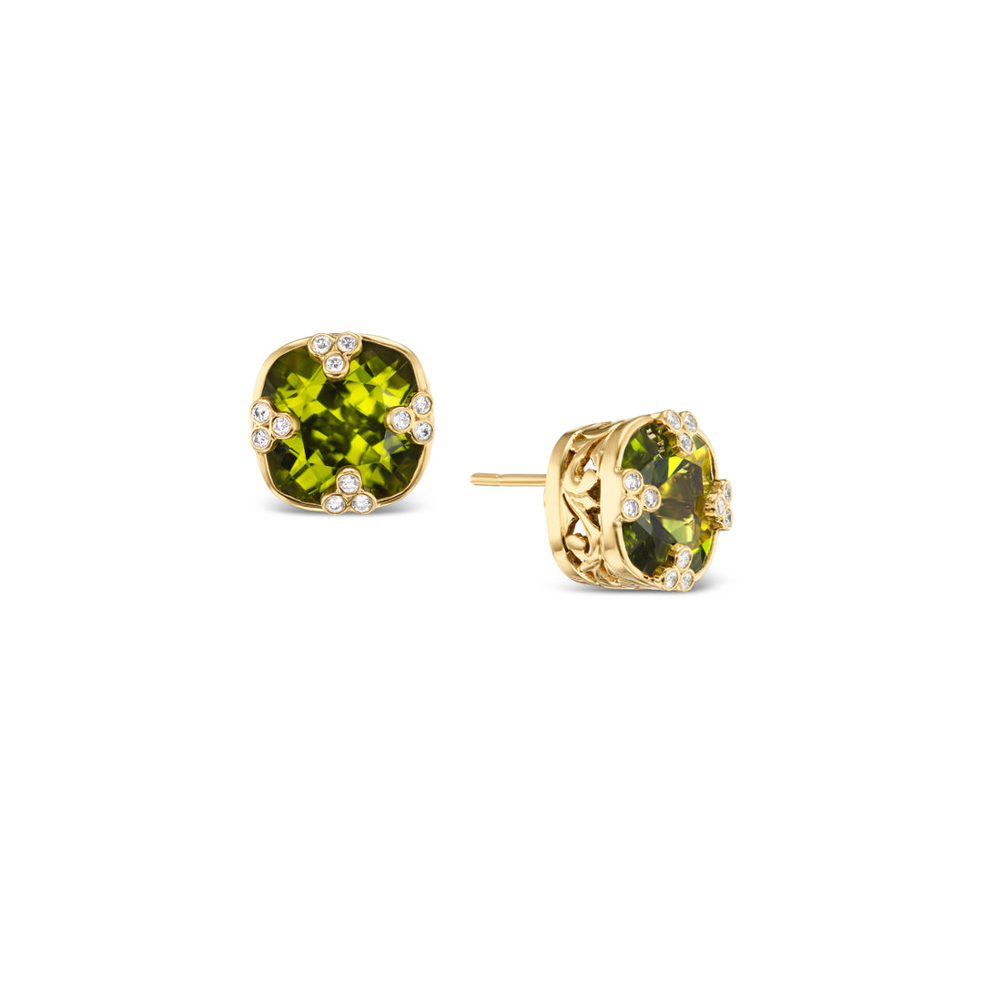 18K Yellow Gold, Peridot & Diamond Stud Earrings