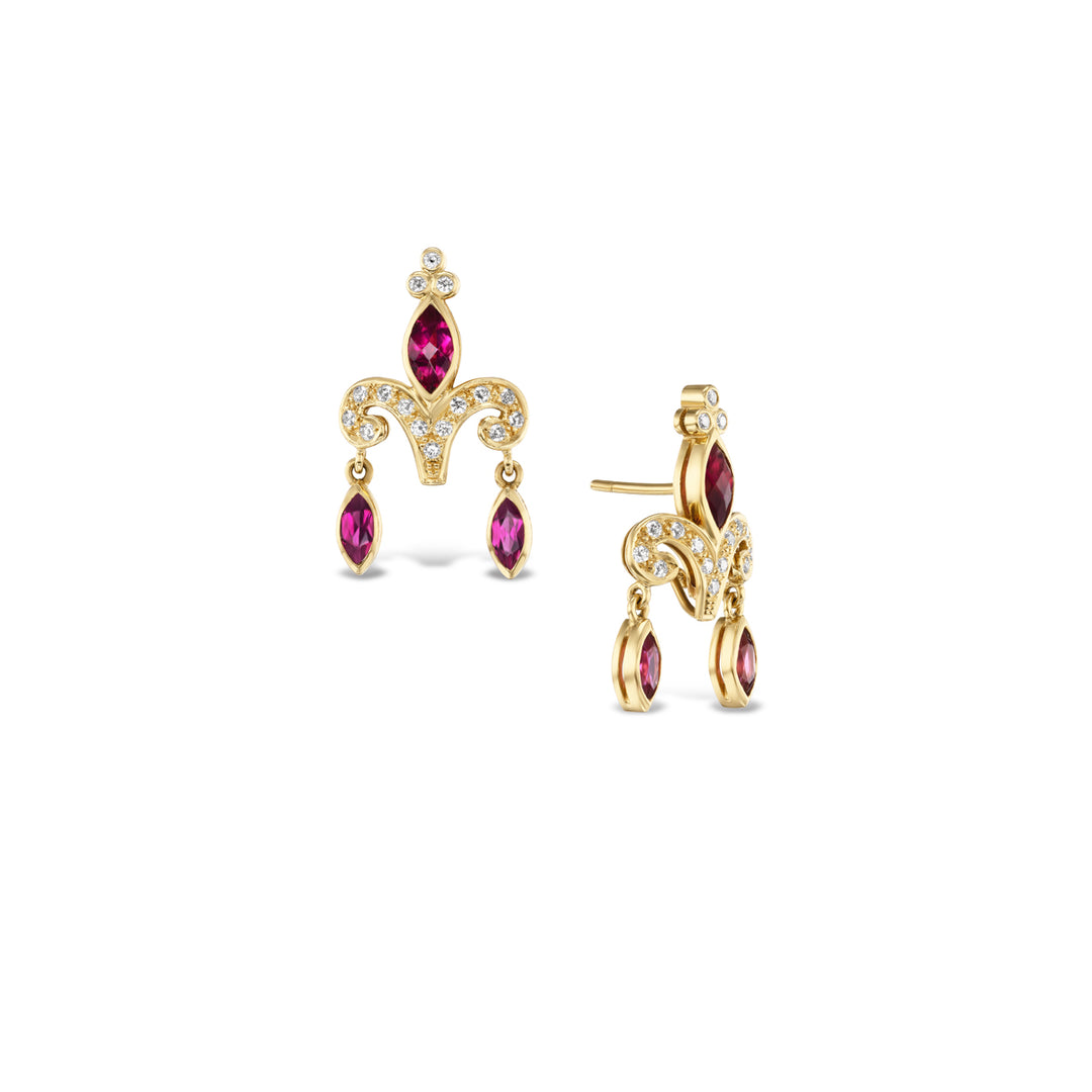 18K Yellow Gold, "Rose of Sharon" Rubellite Tourmaline & Diamond Earrings