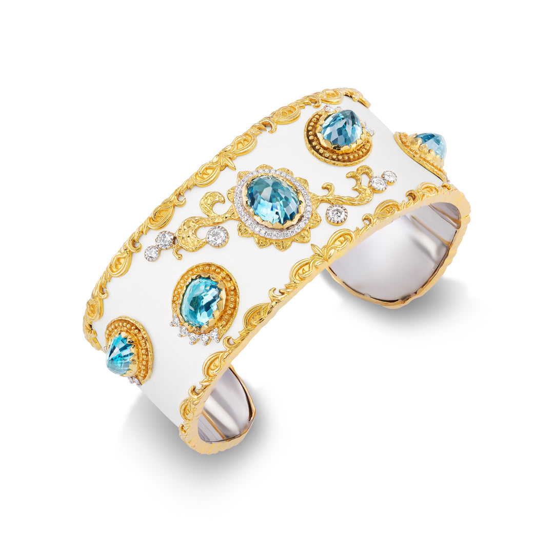 18K Yellow Gold, Silver, Blue Zircon & Diamond Bracelet