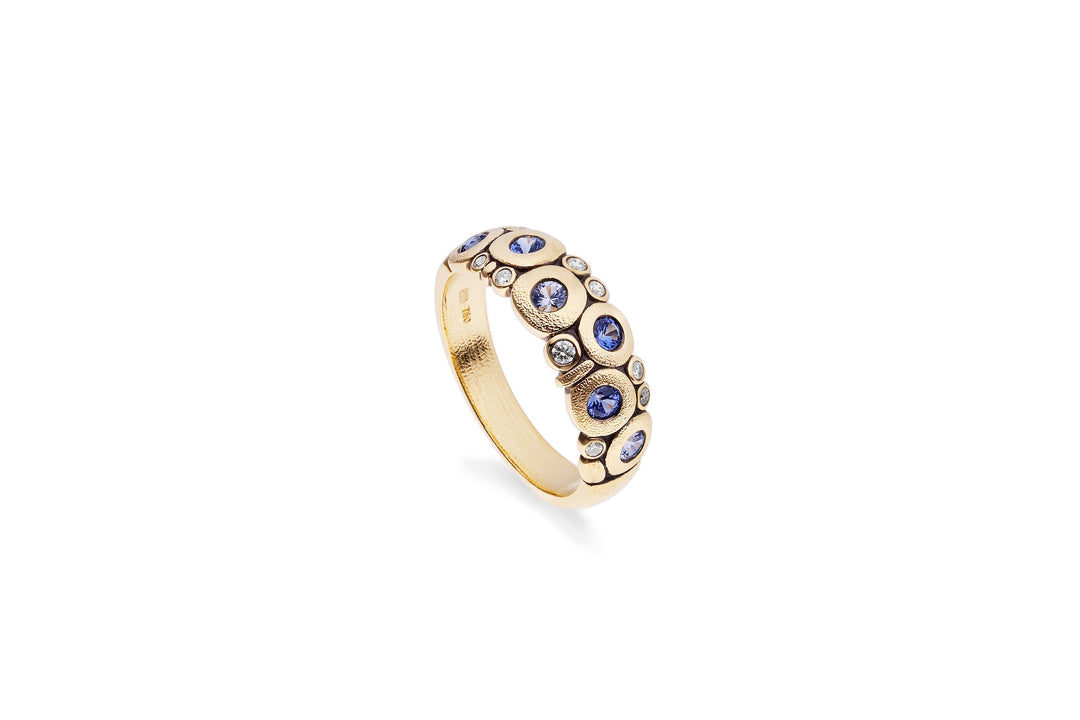 18K Yellow Gold, Blue Mix Sapphire and Diamond "Candy" Dome Ring