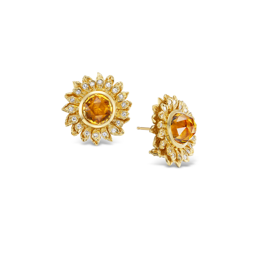 18K Yellow Gold, Citrine and Diamond Sunflower Earrings