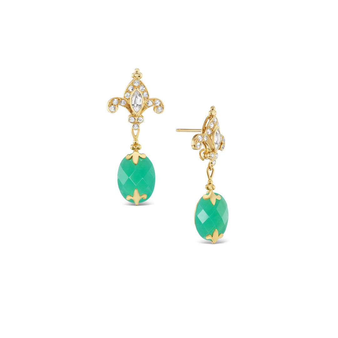18K Yellow Gold, White Zircon & Chrysoprase Drop Earrings