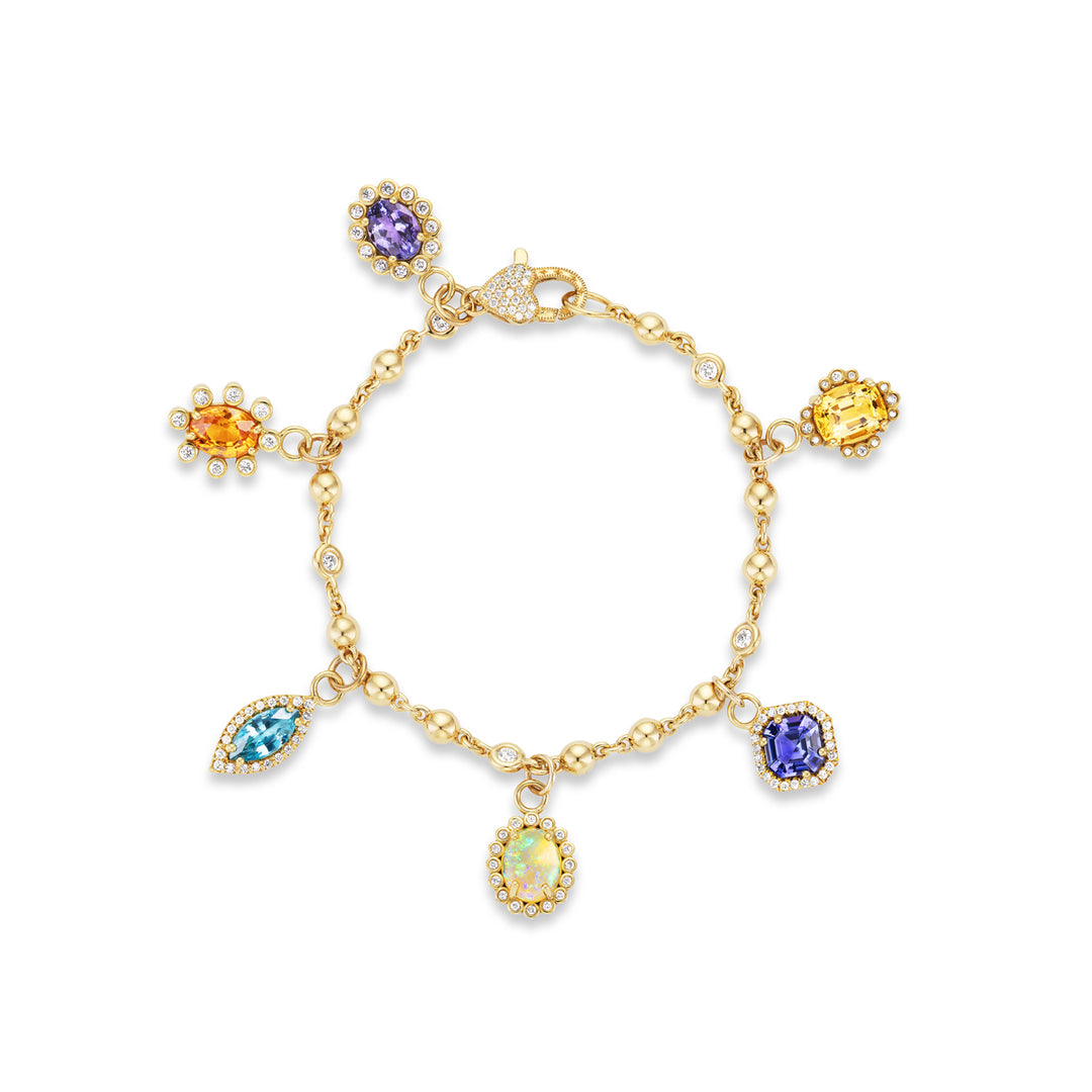 18K Yellow Gold, Tanzanite, Mandarin Garnet, Zircon, Opal, Topaz and Diamond Charm Bracelet