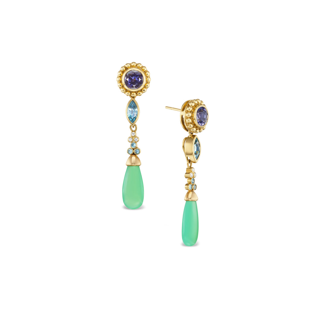 18K Yellow Gold Lolite, Blue Zircon, Chrysoprase & Diamond Earrings