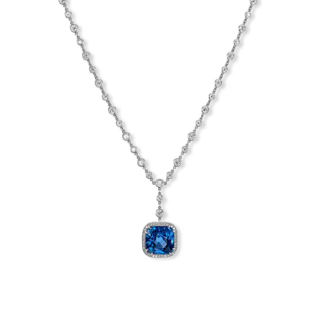 Platinum Cushion Sapphire and Diamond Pendant Necklace