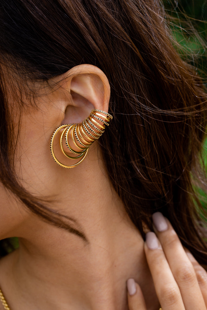 18K Yellow Gold Multi-Hoop Black Diamond Ear Cuff