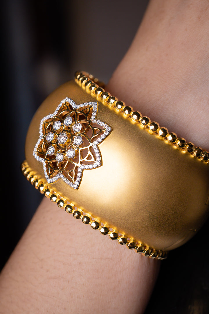 20K Yellow Gold & Diamond Mandala Cuff Bracelet