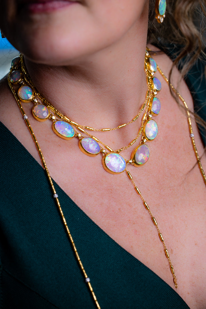 24K Yellow Gold, One of a Kind, Ethiopian Opal & Diamond Necklace