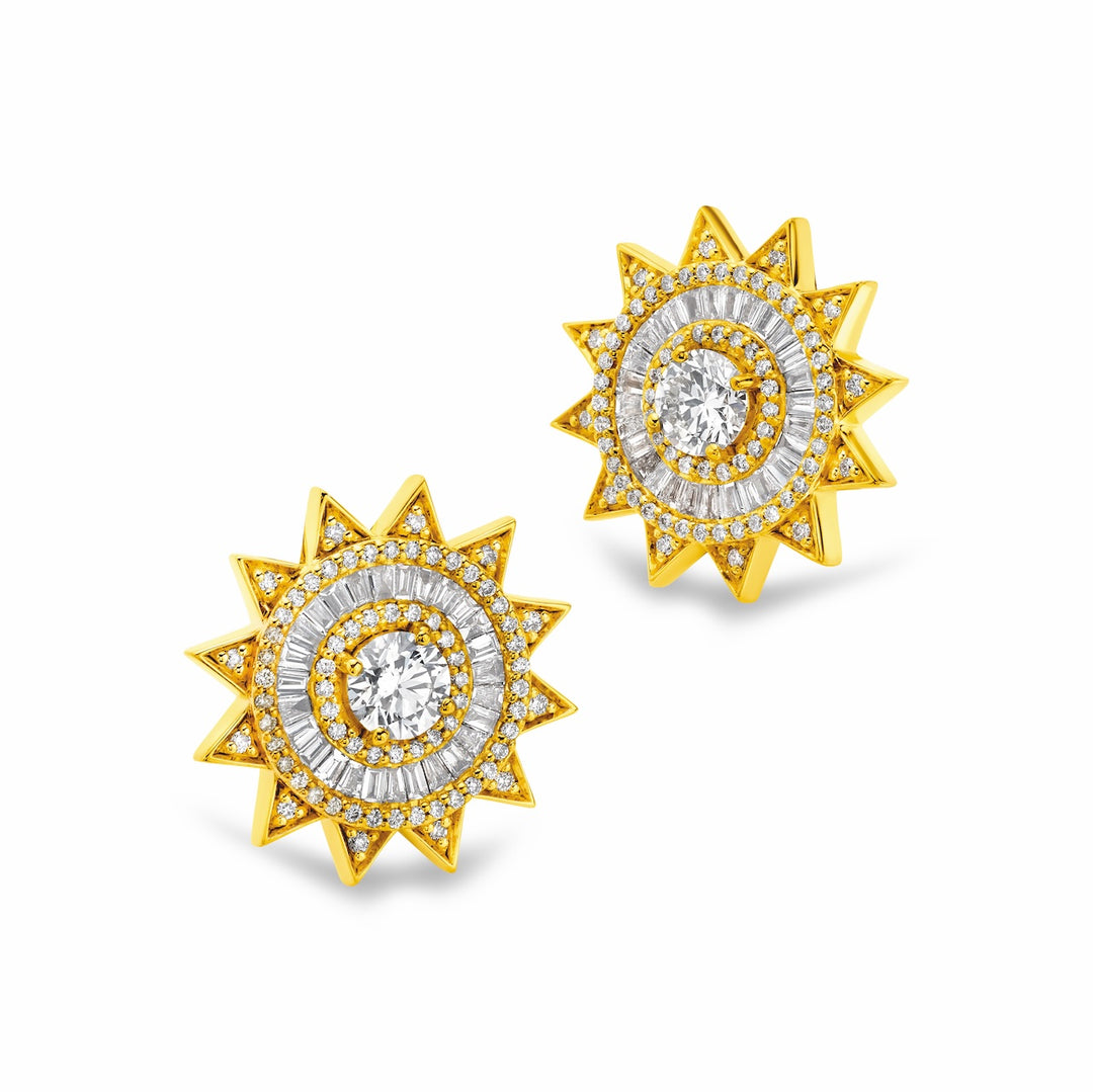 20K Yellow Gold and Diamond Sun Omega Earrings