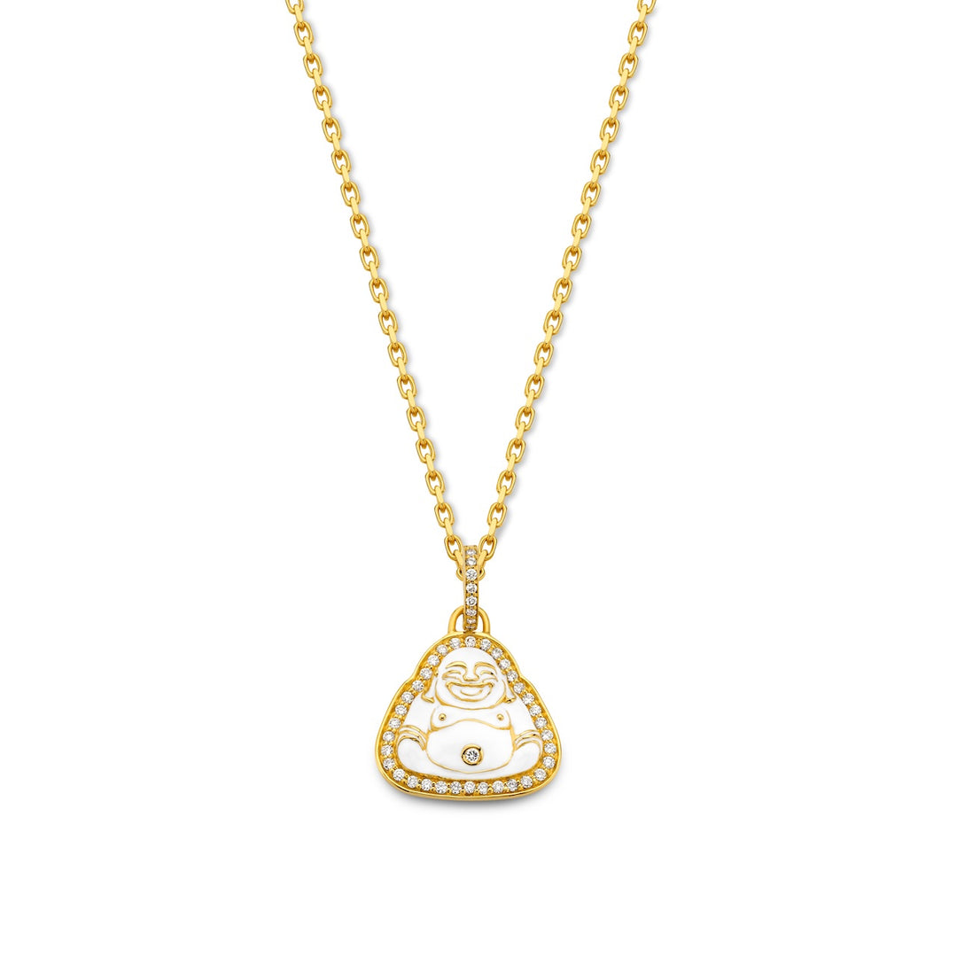 20K Yellow Gold, Diamond & White Enamel Buddha Charm