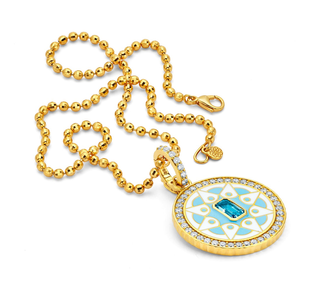 20K Yellow Gold Mandala Coin Pendant with Blue Topaz, Diamond and Enamel