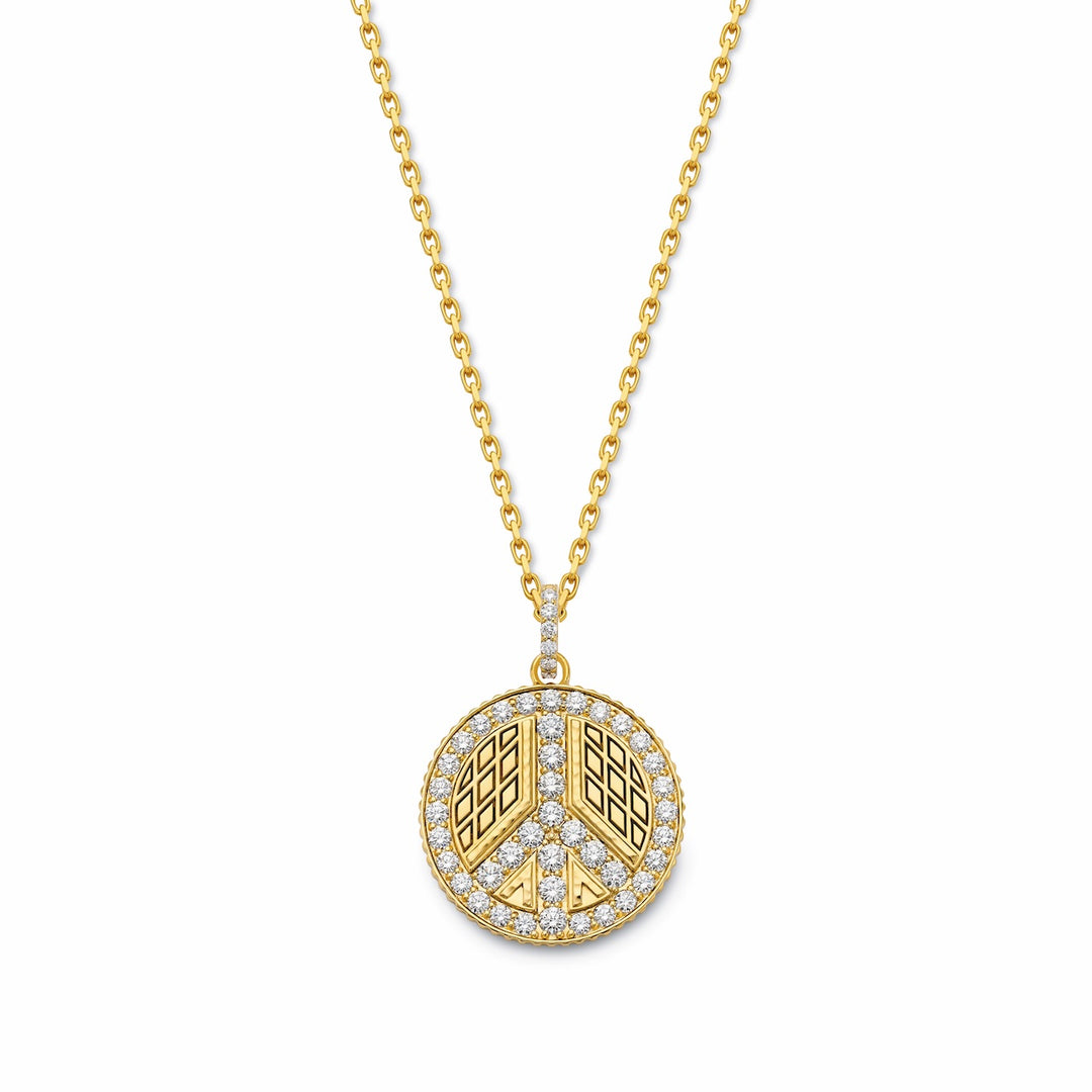 20K Yellow Gold & Diamond Peace Sign Coin Pendant
