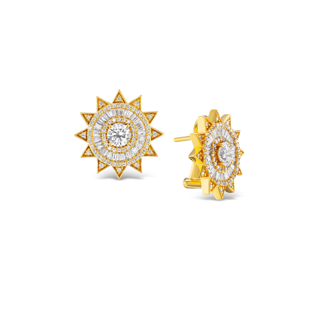 20K Yellow Gold & Diamond Sun Omega Earrings