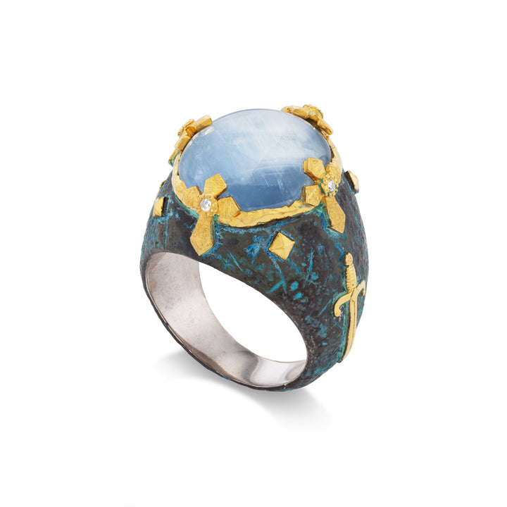 24K Yellow Gold, Silver,  Blue Sapphire &  Diamond Ring