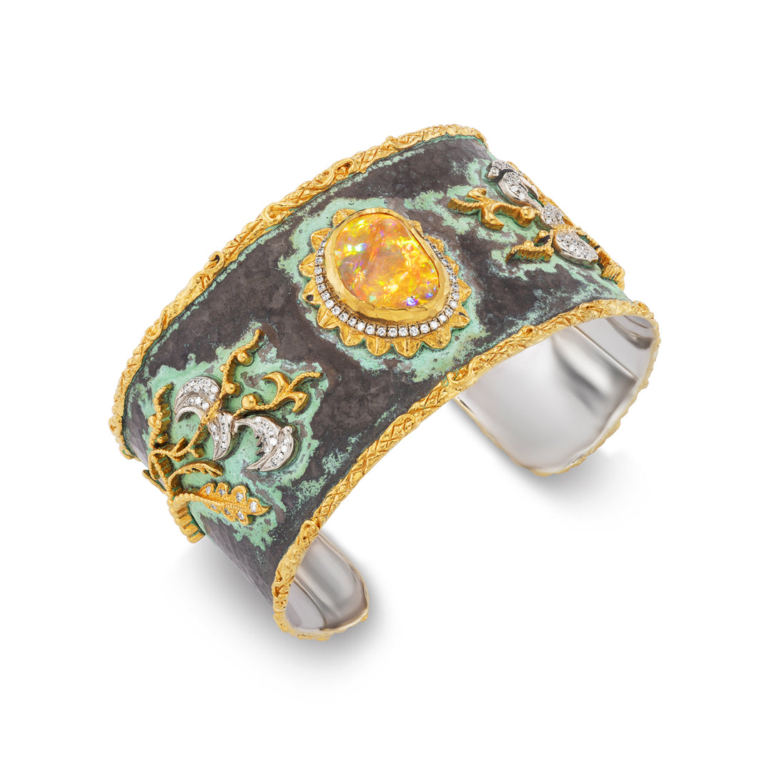 24K Yellow Gold, Silver, Fire Opal & Diamond Cuff Bracelet