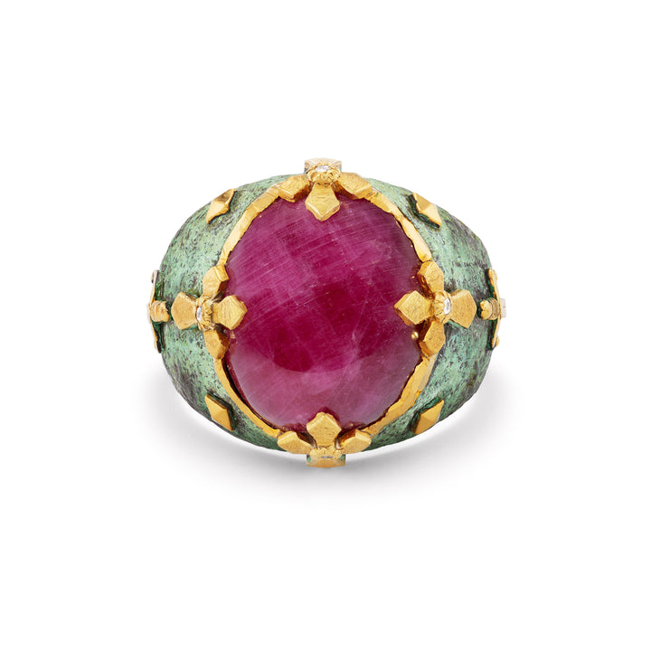 24K Yellow Gold and Silver,  Cabochon Ruby and Diamond Ring