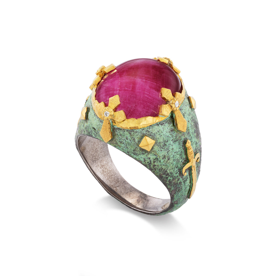 24K Yellow Gold and Silver,  Cabochon Ruby and Diamond Ring
