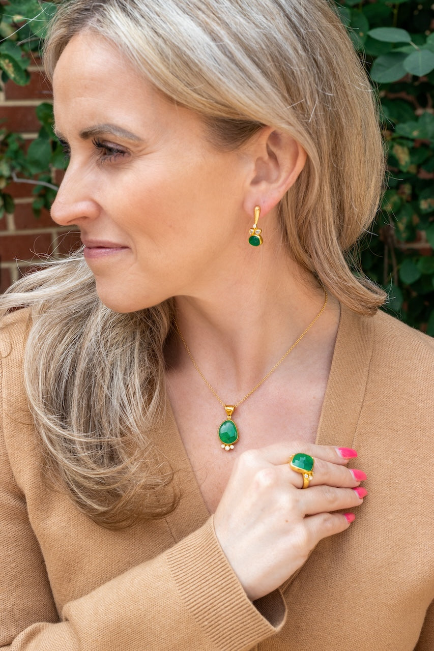 24K Yellow Gold,  Rose Cut Emerald and Diamond Drop Earrings