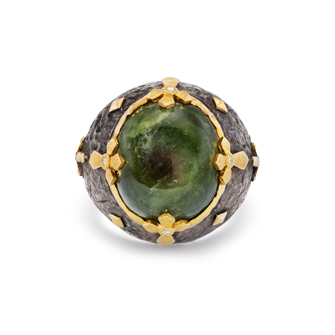 24K Yellow Gold and Silver Green Sapphire and Diamond Ring