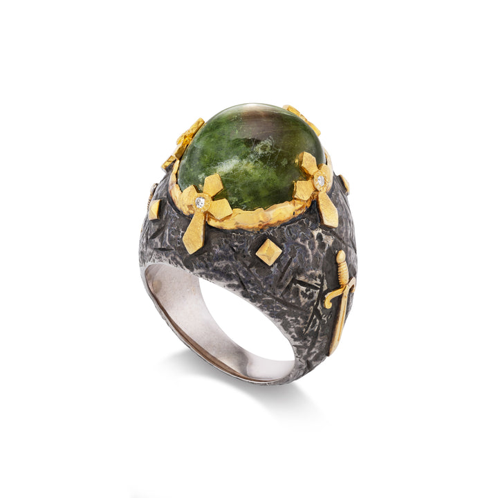 24K Yellow Gold and Silver Green Sapphire and Diamond Ring