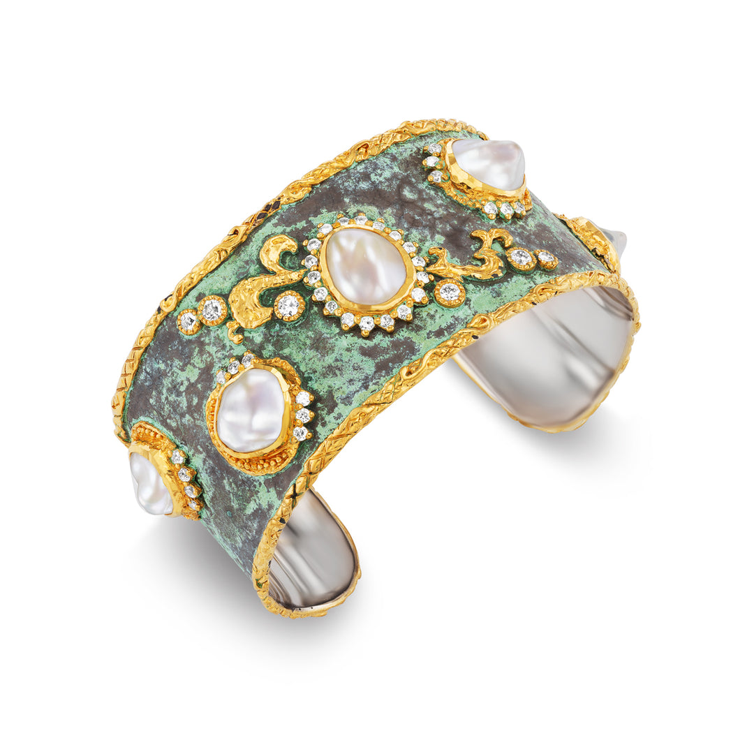 24K and 18K Yellow Gold, Silver, Pearl & Diamond Bracelet